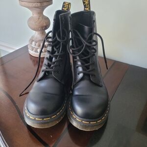 Dr. Martens Black Leather Boots with Yellow Stitching